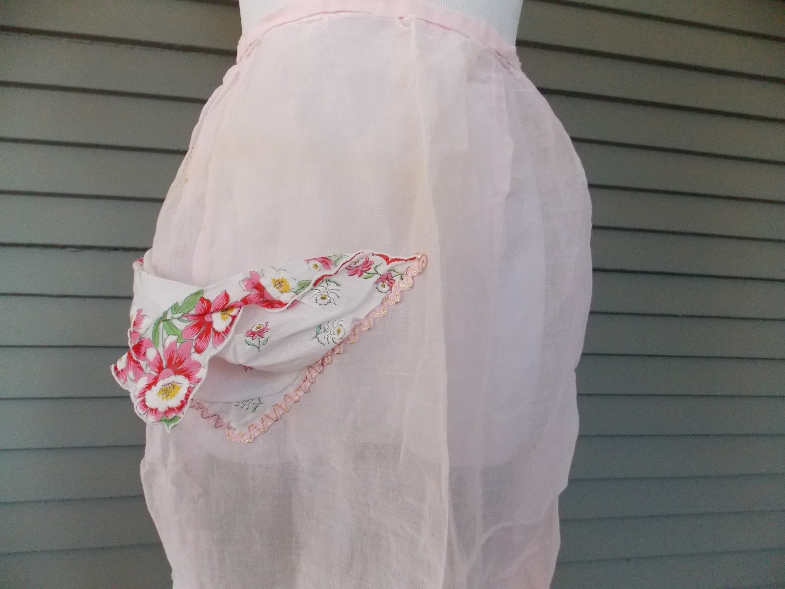 Vintage Handmade Half Apron Sheer Pink With Floral Hankerchiefs Ric Rac Trim