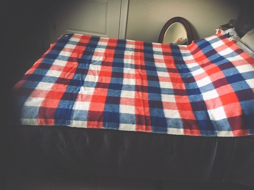 VINTAGE FARIBO Red/Blue/White WOOL PLAID STADIUM BLANKET 68 X 55”