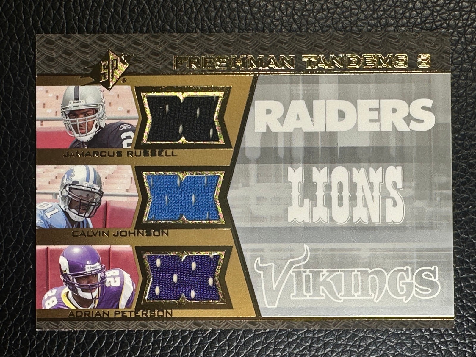 2007 Upper Deck SPx JaMarcus Russell Calvin Johnson Adrian Peterson Jersey RC