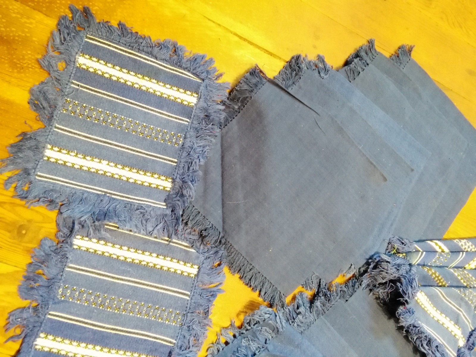Vintage Hungarian HUNGARY Napkin Set Blue Woven Stripes Solid Lot of 19 Fringe