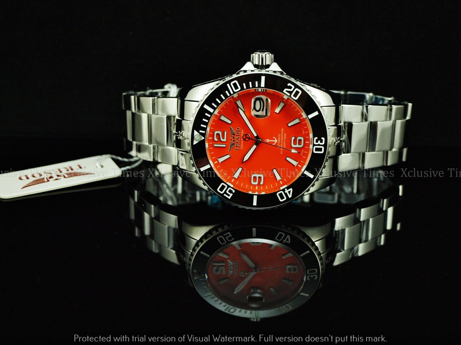 Pre-owned Tresod Men Superlume Ocean Master Auto Orange Dial Sapphire Crystal Ss Watch