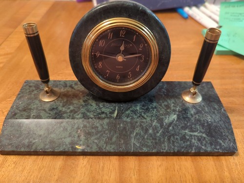 Vintage Reflections Quartz Clock Double Pen Desk Set Marble Green/white, no bat