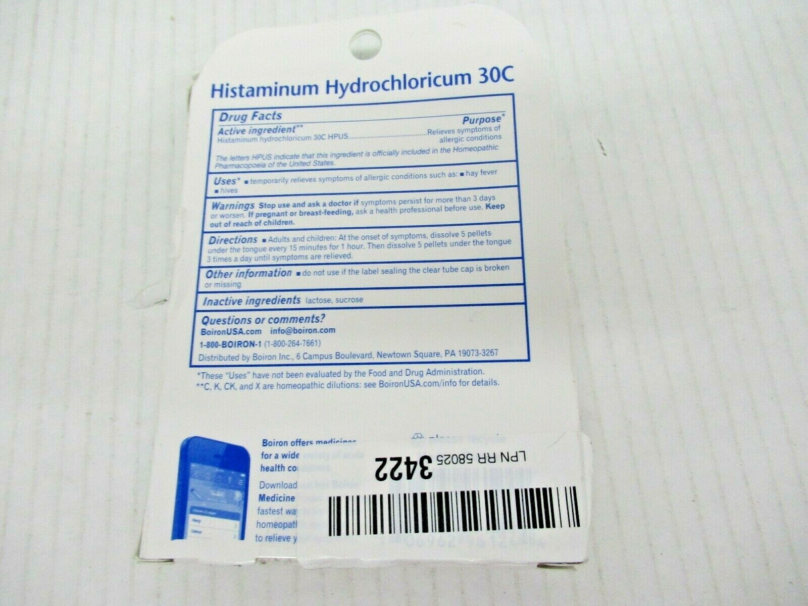 Boiron Histaminum 30C Allergy Relief Non Drow 80 Pellets Exp Oct 2022