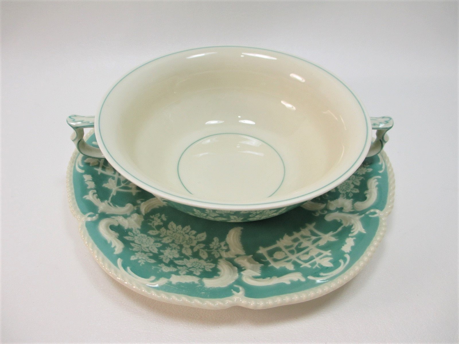 Rosenthal Sanssouci Soup Bowl Saucer Teal Ivory High Baroque Revival Relief 1925