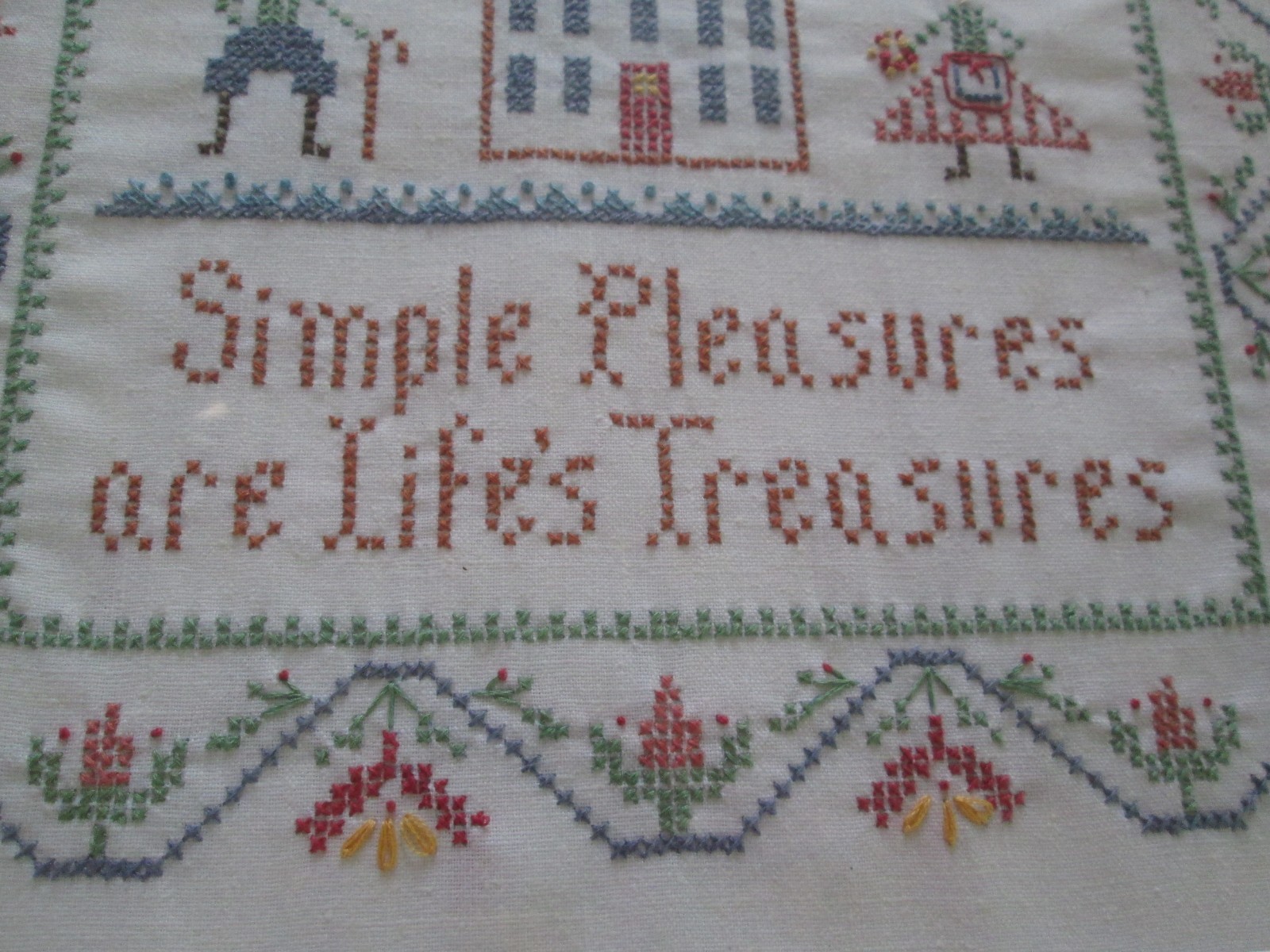 Framed Needlework Sampler Cross Stitch Embroidery Alphabet Simple Pleasure House