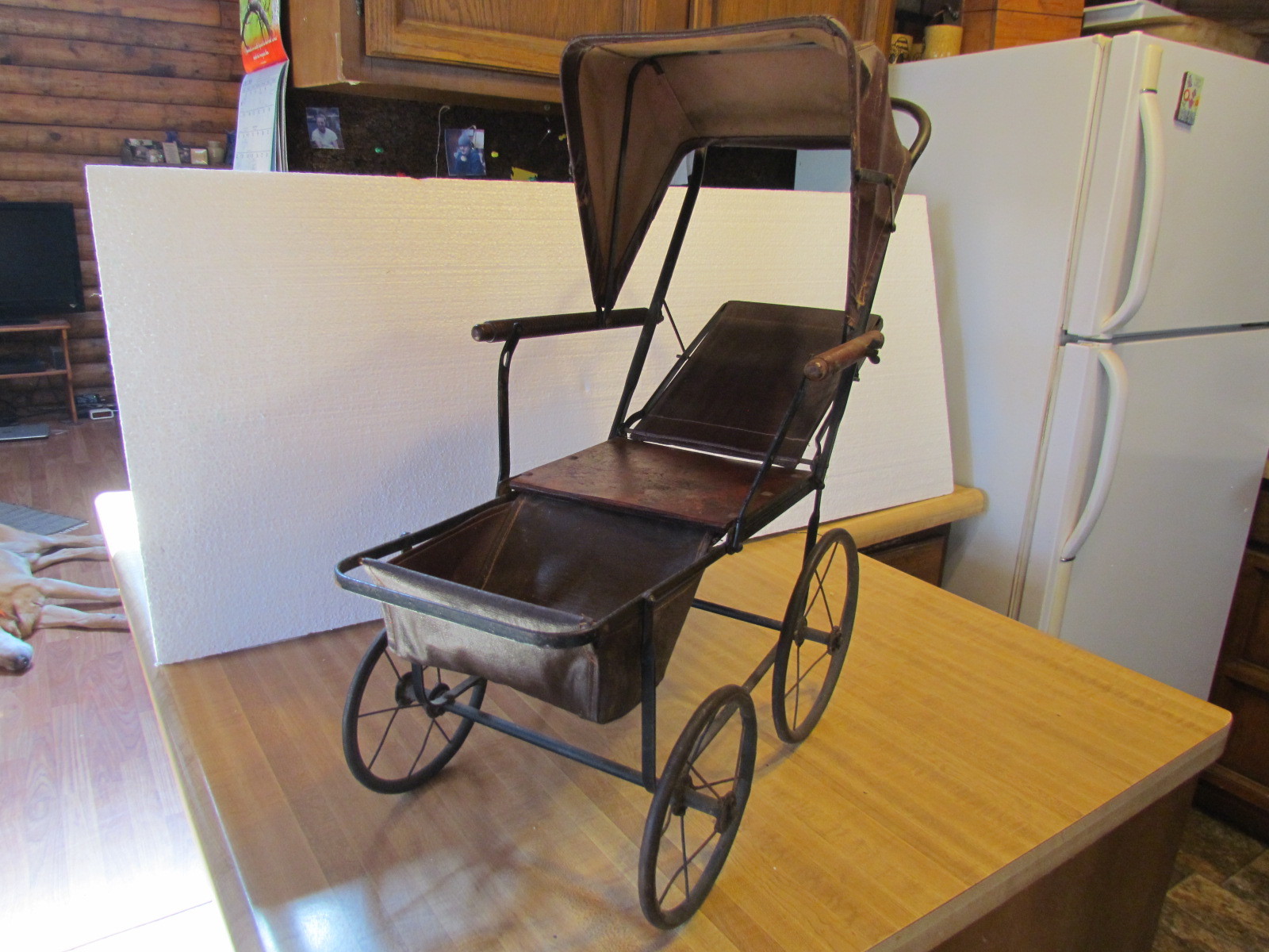 ANTIQUE DOLL BUGGY WITH FOLDING CANVAS CANOPY