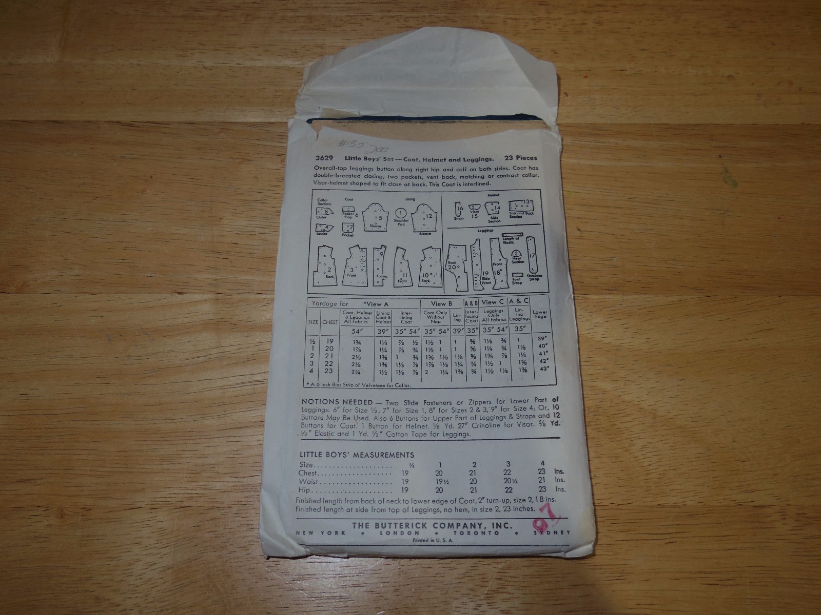 1940s Butterick 3629 Sewing Pattern - Boys Coat Helmet Leggings Size 1/2-1-2-3-4