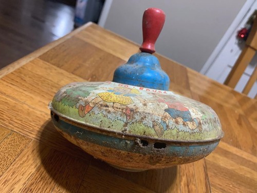Vintage Ohio Art Tin Litho Toy Spinning Top Here We Go Round the Mulberry Bush