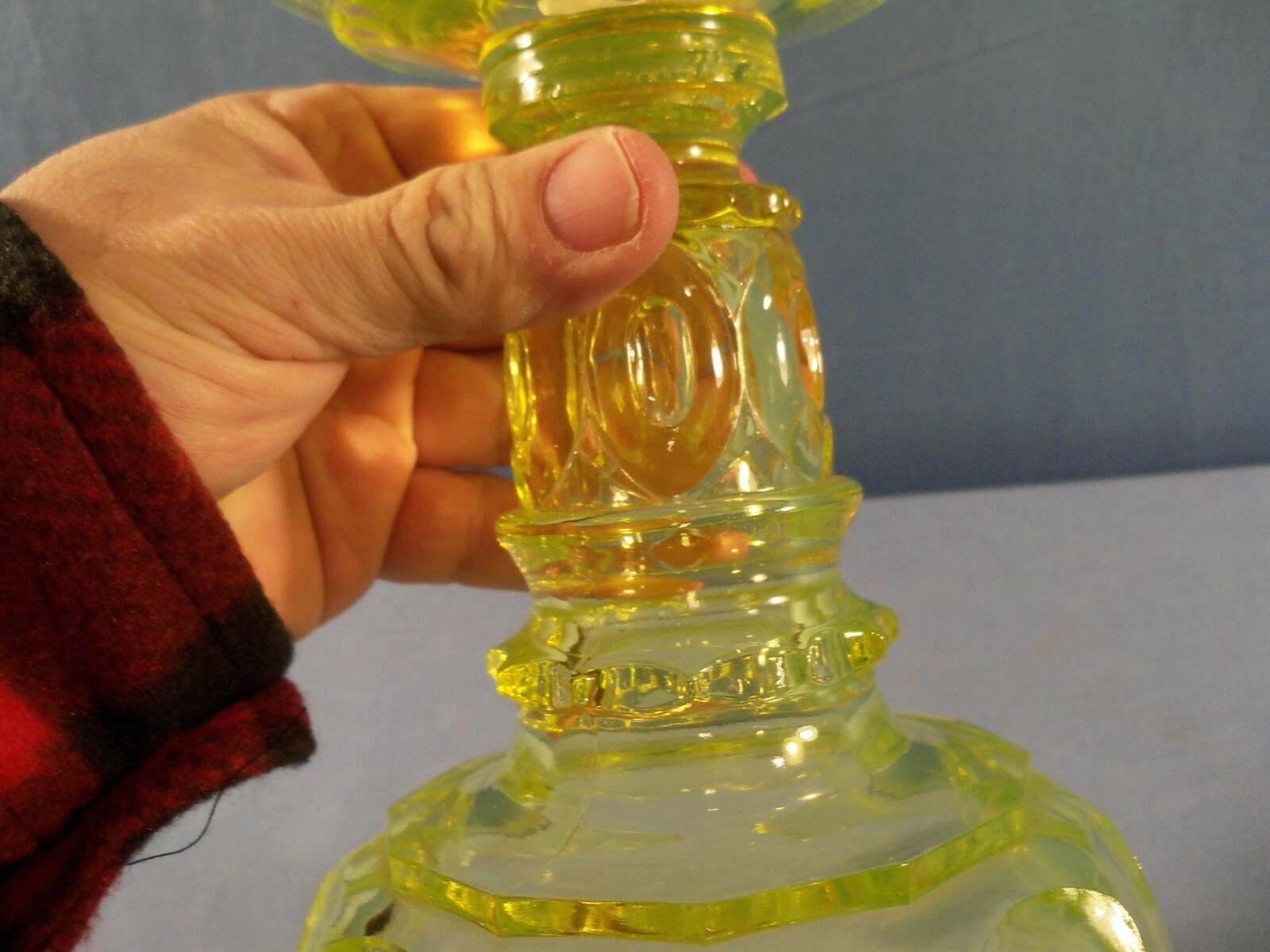 Large Mosser Vaseline Glass Oil Lamp - No Chimney