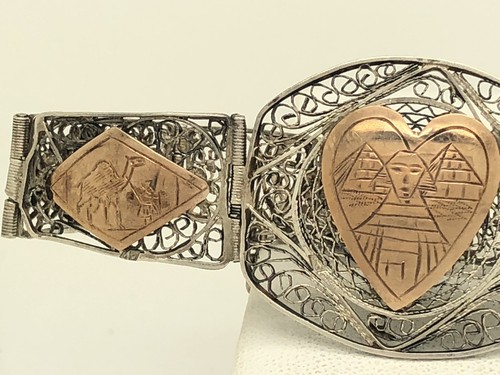 Egyptian Revival Sterling Silver Gold Accent Bracelet Filigree Sphinx Pyramids