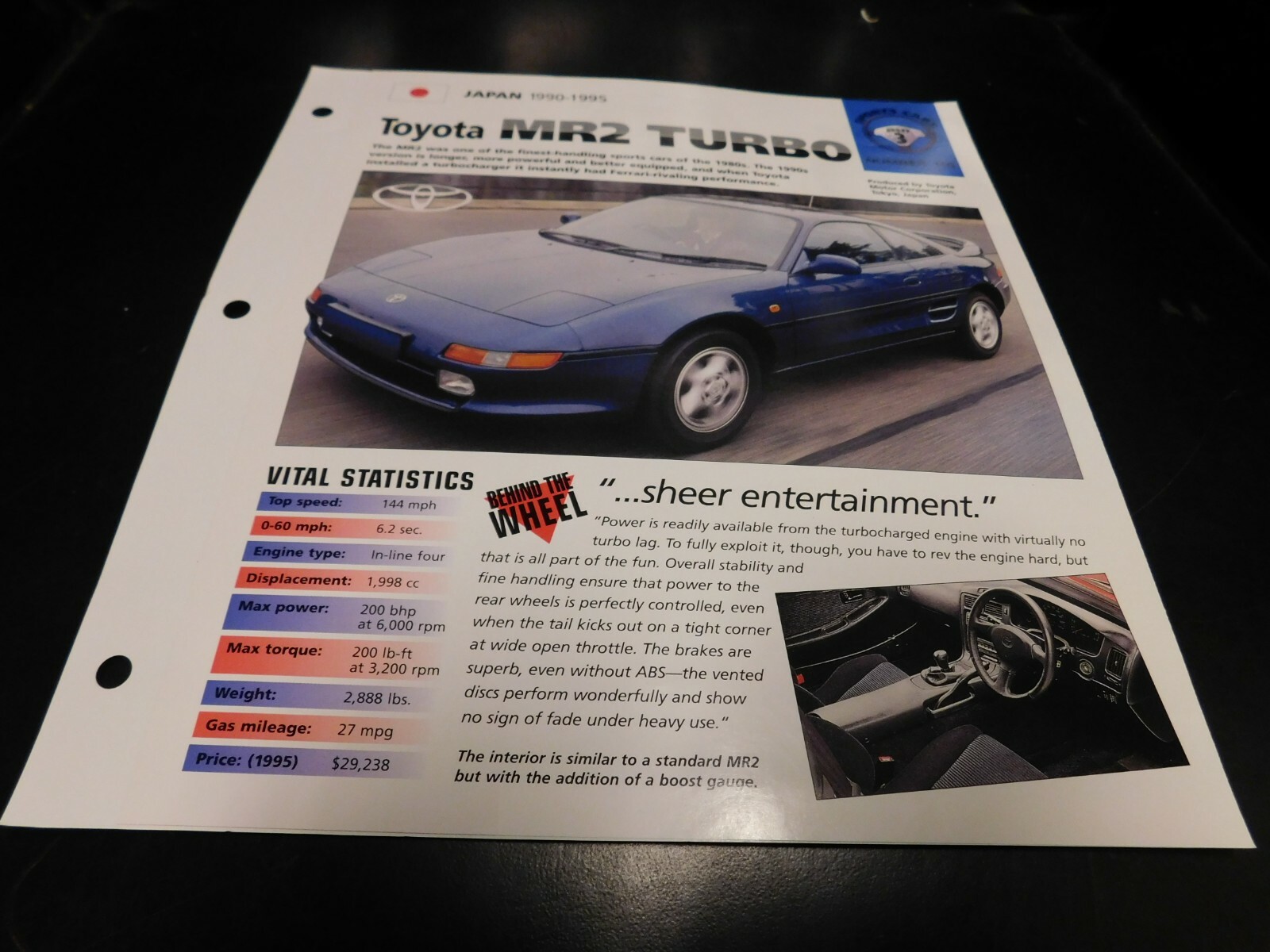 非売品外国製トヨタ MR2 Tバールーフ 宣伝プレス 写真 プロマイド