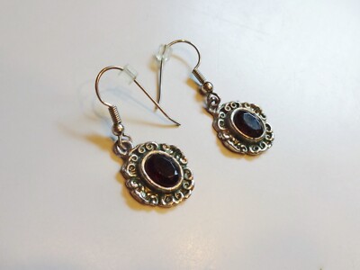 Vtg MARCASITE STYLE DROP EARRINGS Faux Ruby Garnet Faceted Antique Silver Tone