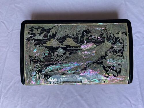 Asian birds mother of pearl red interior black exterior Swan Jewelry Box Chinese