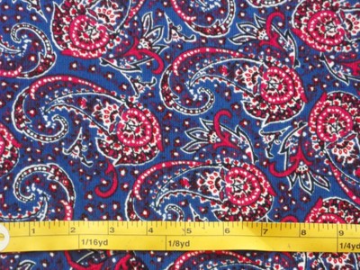 Vintage Royal Blue Red Velvety Paisley Corduroy Fabric BTY