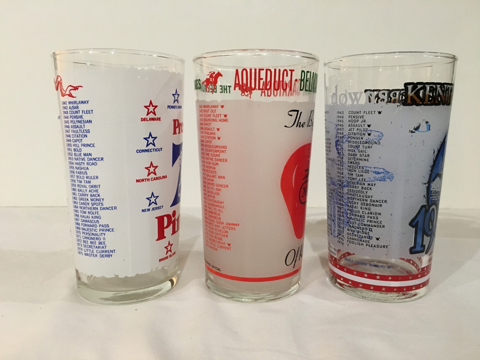 1976 Belmont Stakes, Preakness, and Kentucky Derby Glasses