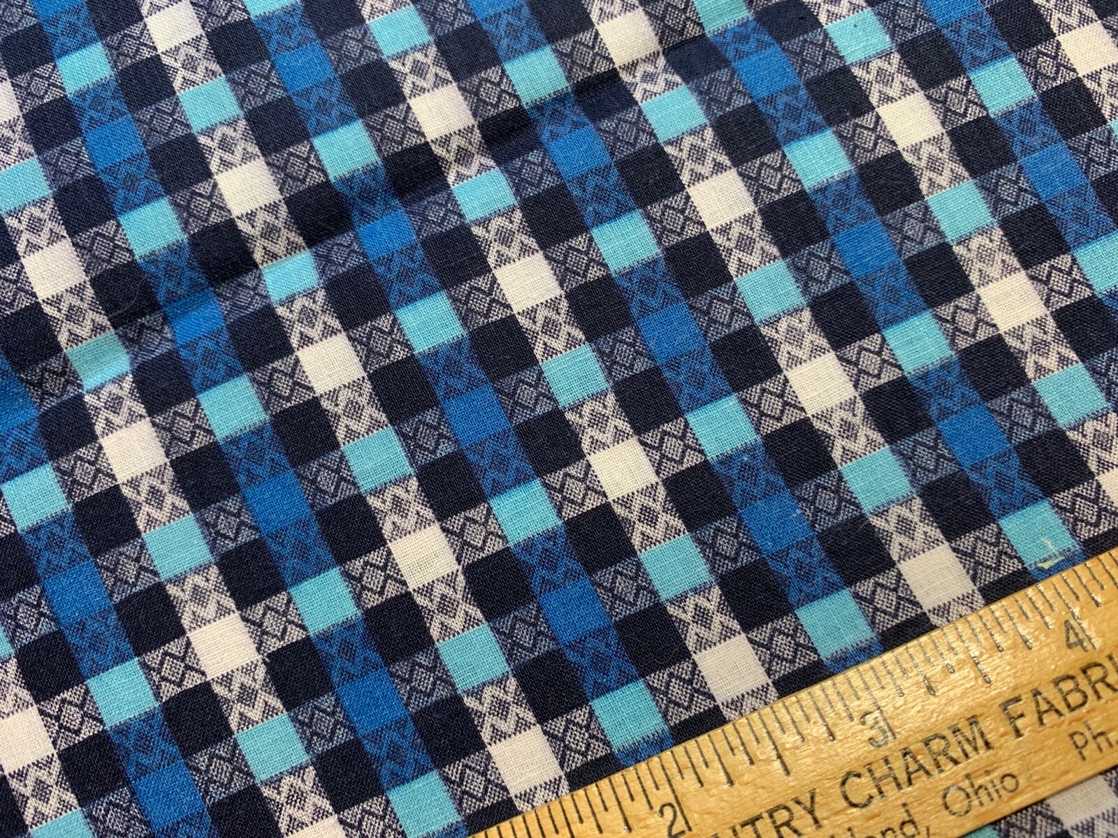 Vintage Cotton Fabric 40s CUTE Blue & White Woven Check Gingham 36w 1yd