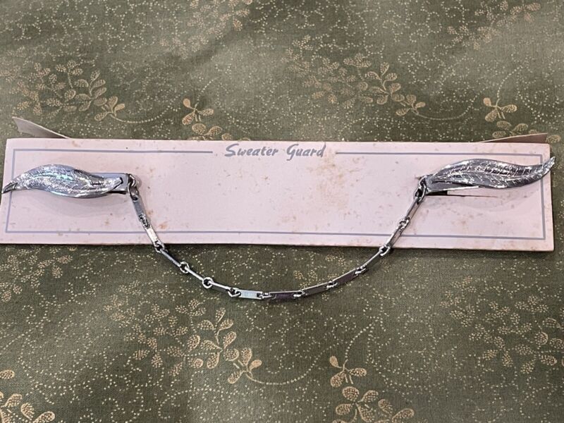 Sweater Guard Vintage Silver Tone 2” Strong Springy LEAF Clips And 5” Chain