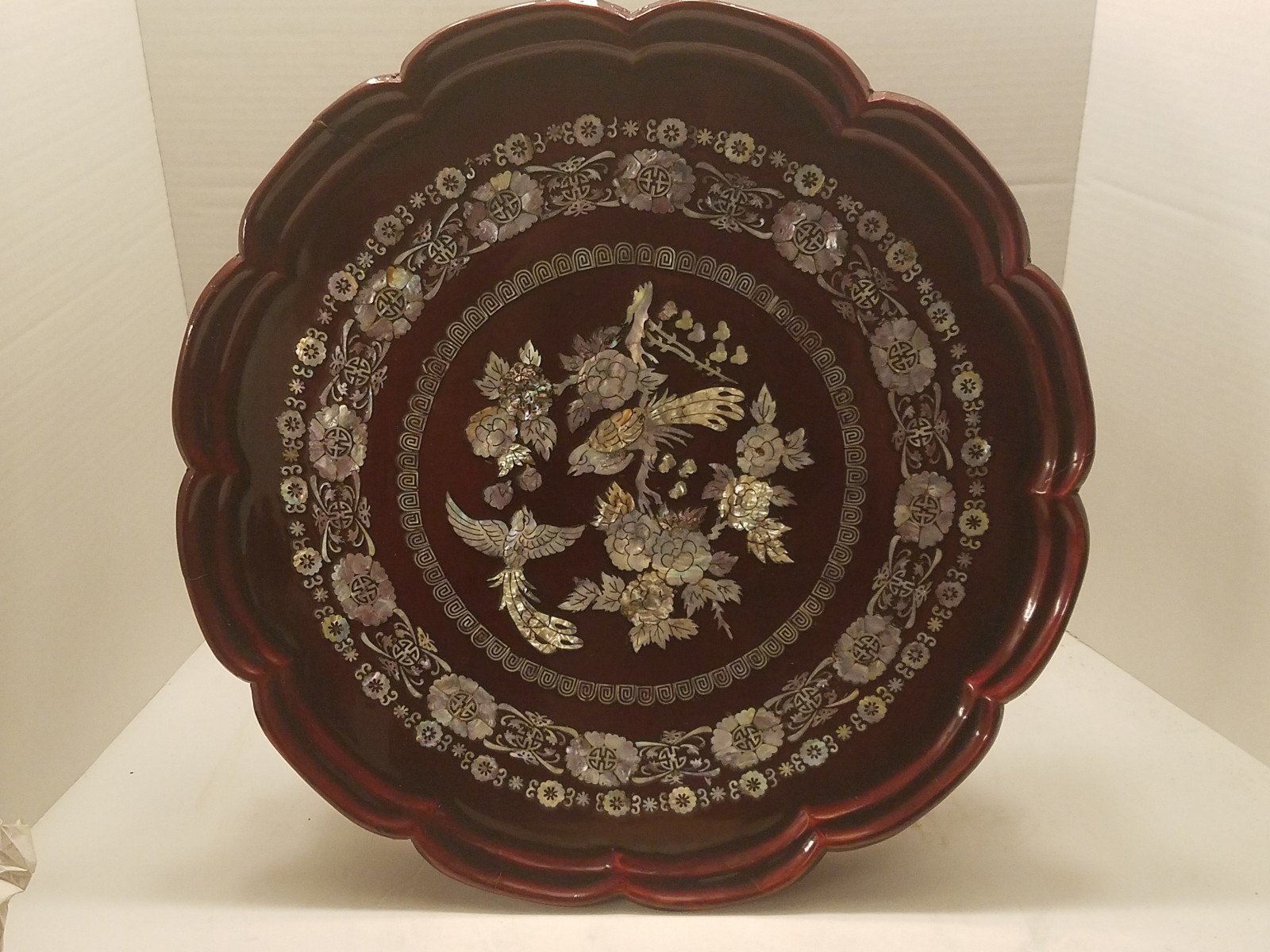 Vintage Korean Wooden Tea Table red mother of Pearl inlay