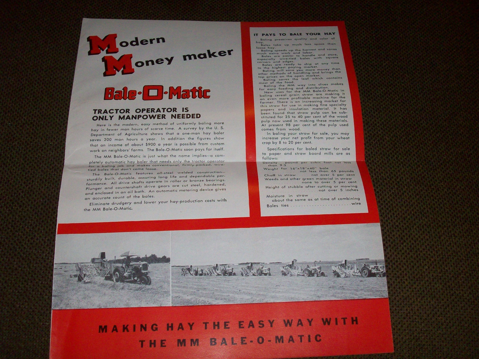 1950's Minneapolis-Moline Bale-O-Matic Hay Baler Advertising Brochure