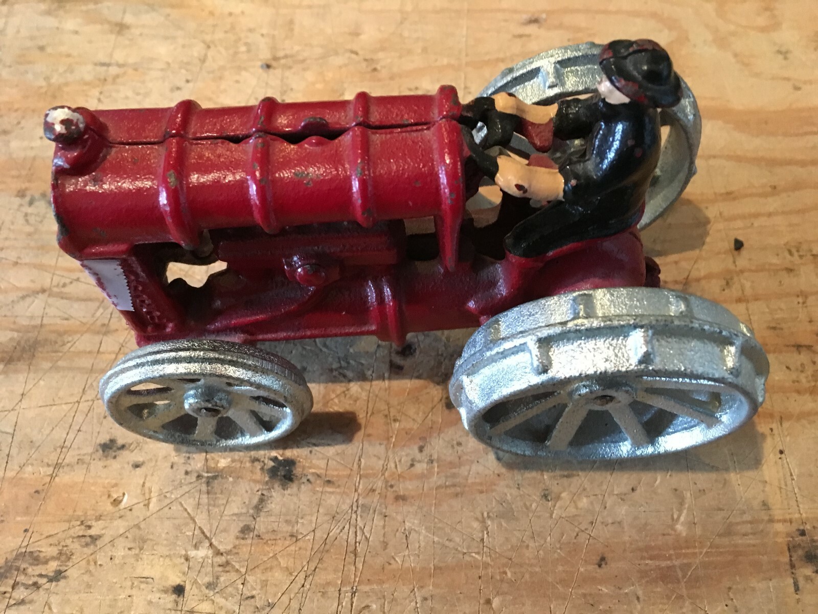 Vintage Fordson Cast Iron Tractor Red with Silver Wheels and Driver