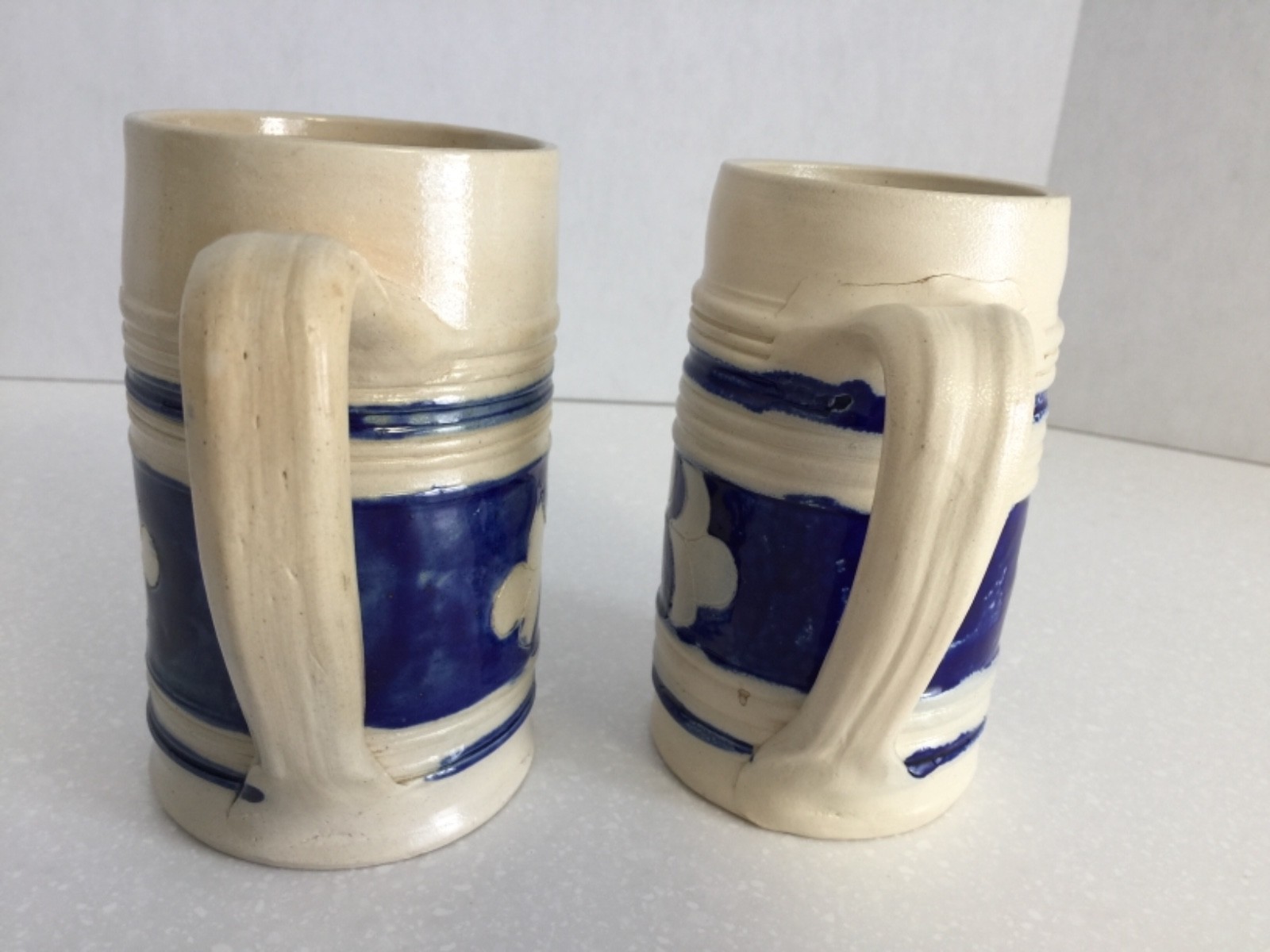 Stoneware Beer Mugs w Cobalt Blue stenciling - Set of 2 - Unmarked