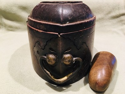 Antique Apothecary Mortar / Pestle in Fitted Wood Shell, Bronze Hardware