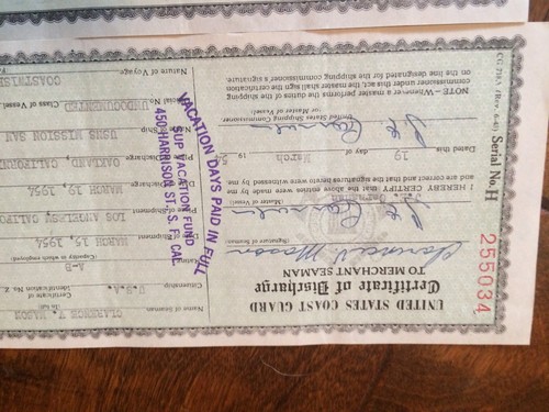 4 1954 U.S. Coast Guard Certificate of Discharge Merchant Seaman Steam Vessels