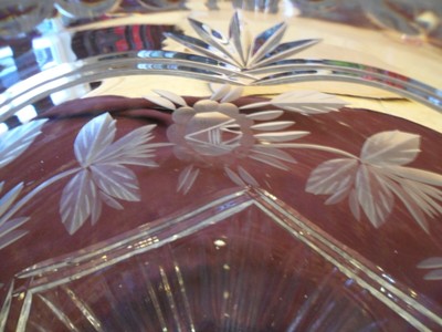 LRG CRYSTAL ROSE BOWL W/GRAY CUT GLASS ROSES/LEAVES/SWAGS 5 1/2 LBS EUC 1940's?