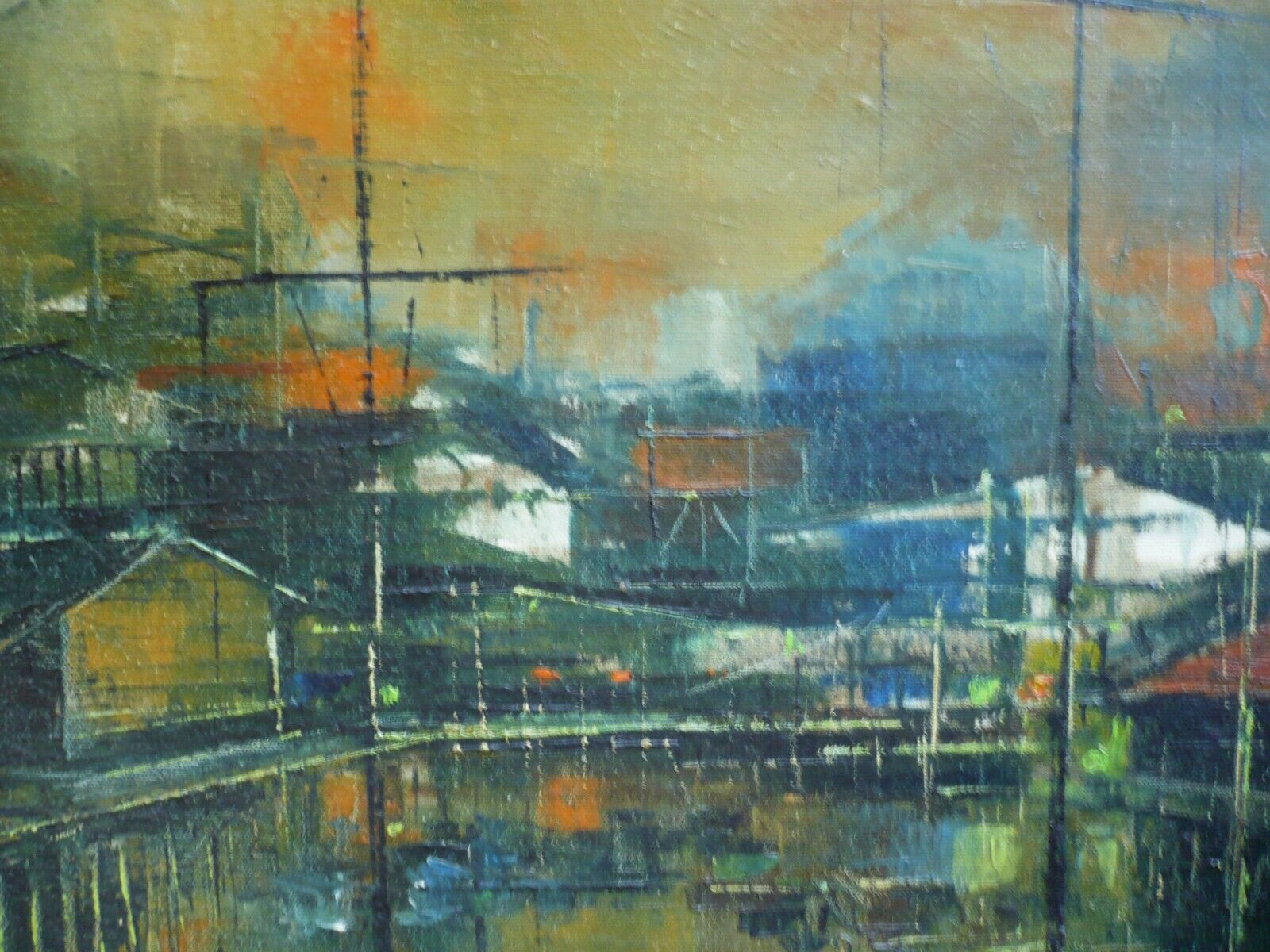 CALDERON, CUBIST CUBISM HARBOR BOATS MODERN IMPRESSIONIST, VINTAGE SIGNED OIL