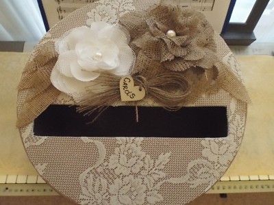 Chic Wedding Money Box Burlap, Lace Handmade for Elegant bride 200 cards