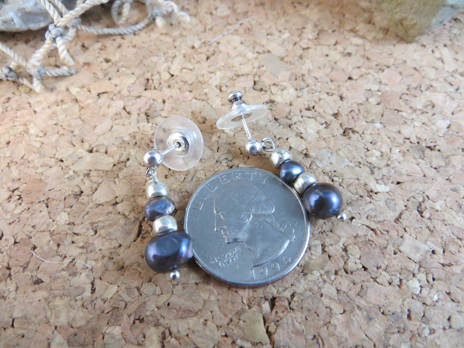 Vintage 925 Sterling Silver Black Pearl Beaded Post Earrings #228