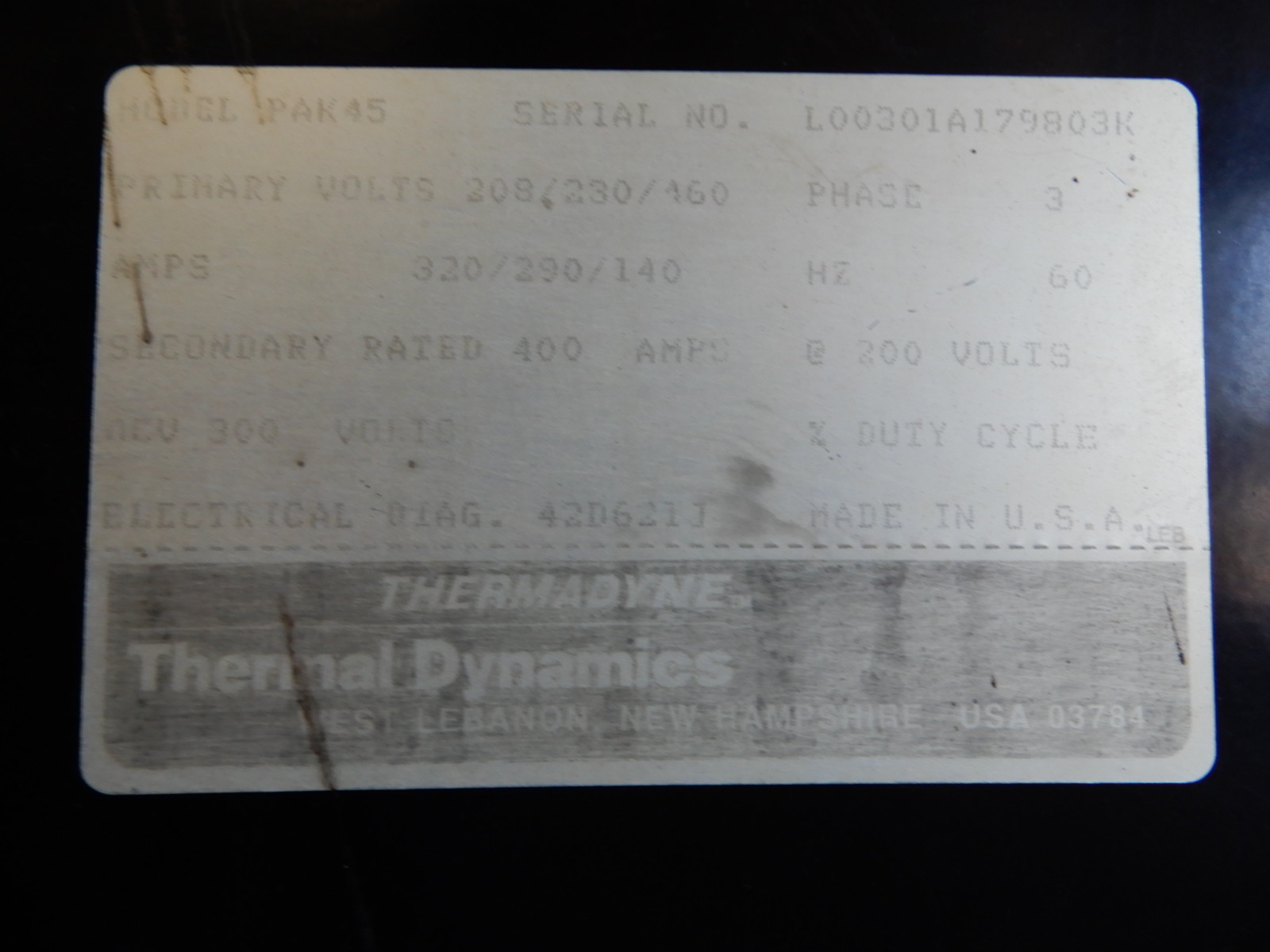 THERMAL DYNAMICS PLASMA CUTTER  PAK45