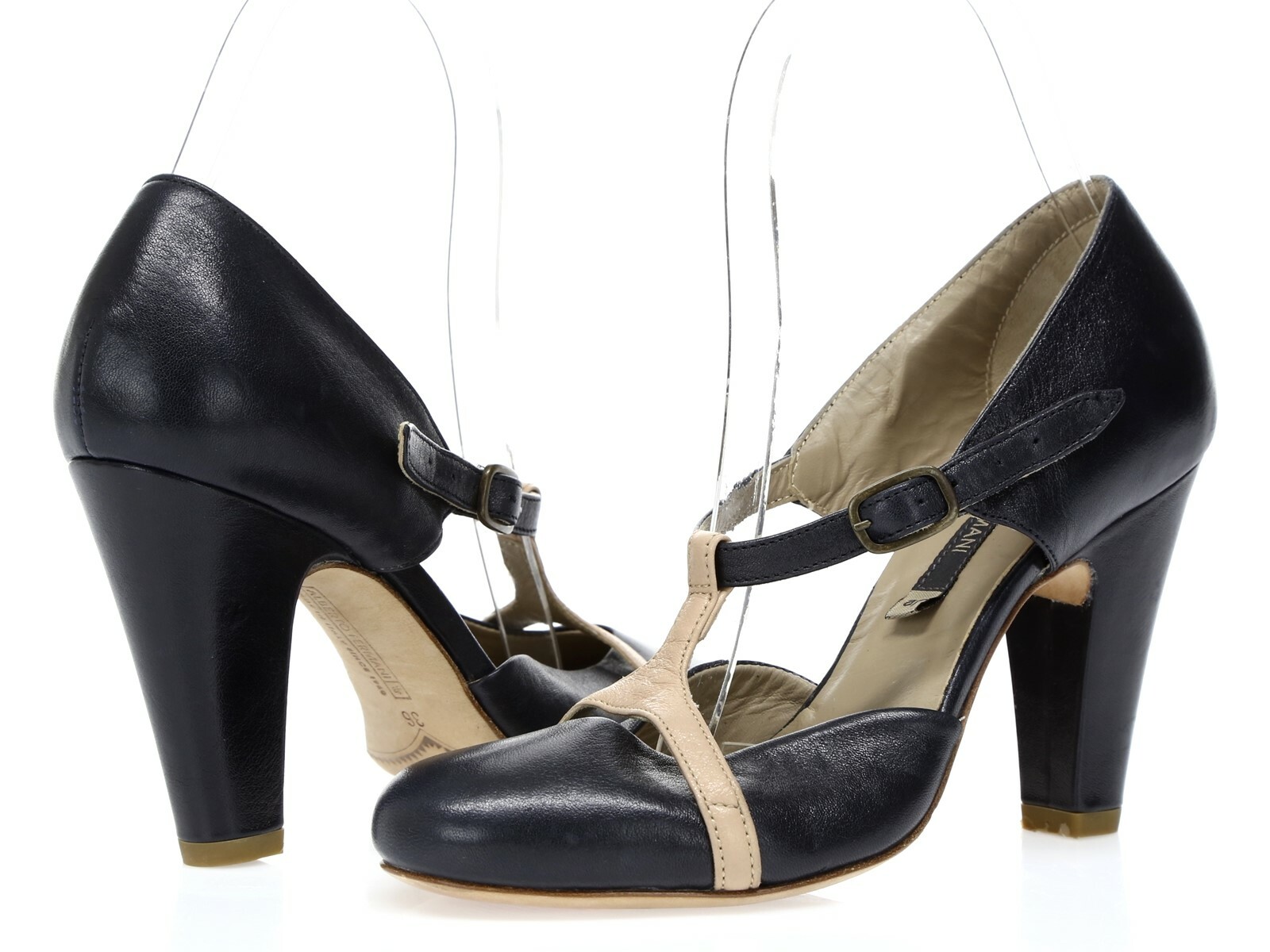 Womens ALBERTO FERMANI navy blue t-strap pumps sz. 36