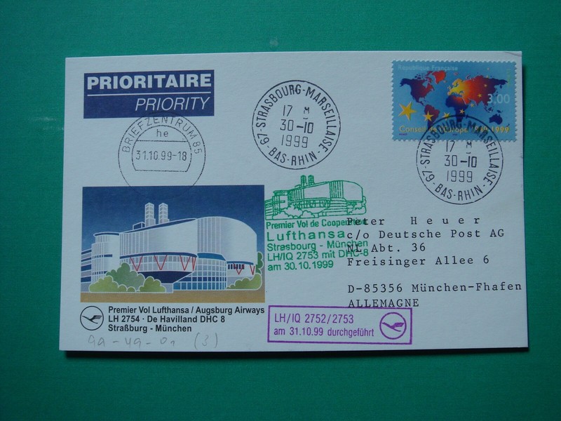 Lufthansa Augsburg Airways Dhc 8 Erstflug Mchn-Strassburg-Mchn 31.10.99 (2 Beleg