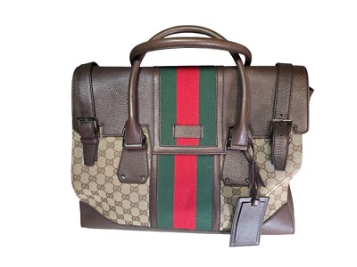 gucci briefcase vintage Leather Canvas Green Red Stripe Business Bag Satchel 