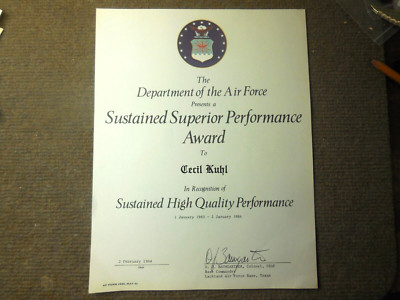 1984 Dept. Of The AF  Sustained Superior Performance Award Lackland AFB ,Texas