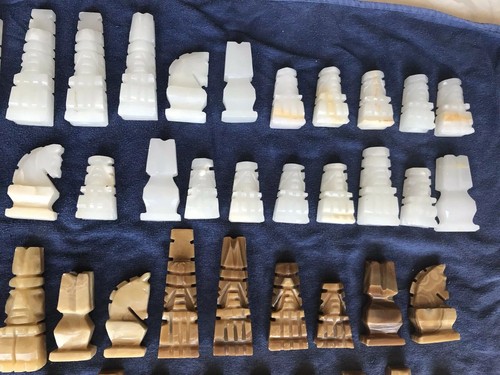 Vintage Heavy Chess Set Marble Carved 64 Piece Lot