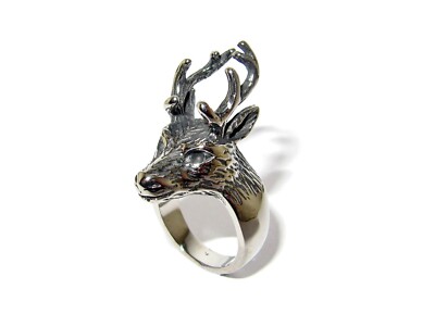 3D DEER REINDEER STAG HEAD RING ANTIQUED SILVER-PLATED US SIZES 7 8 9 10