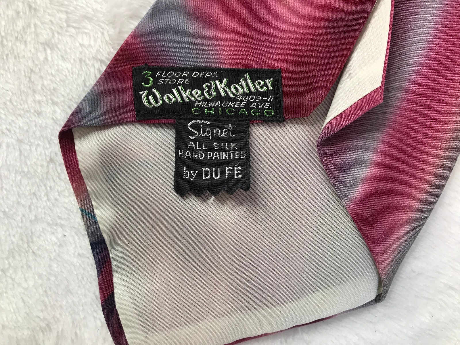 Vintage hand-painted silk necktie RARE Wolke & Kotler 1950s Signed Dufe