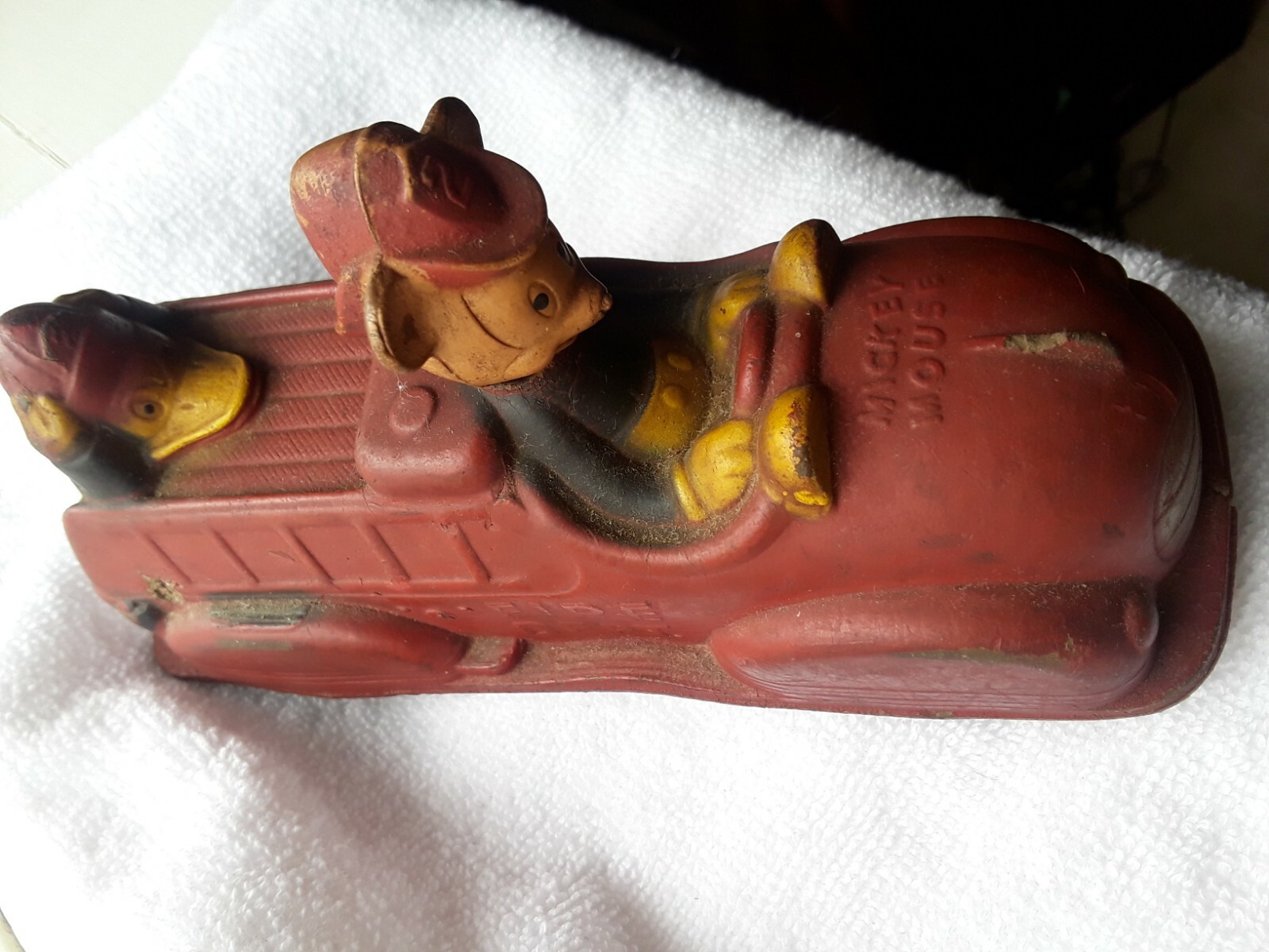 Vintage 1930s Sun Rubber Co Mickey Mouse Fire Truck w Porky Pig n Donald Duck