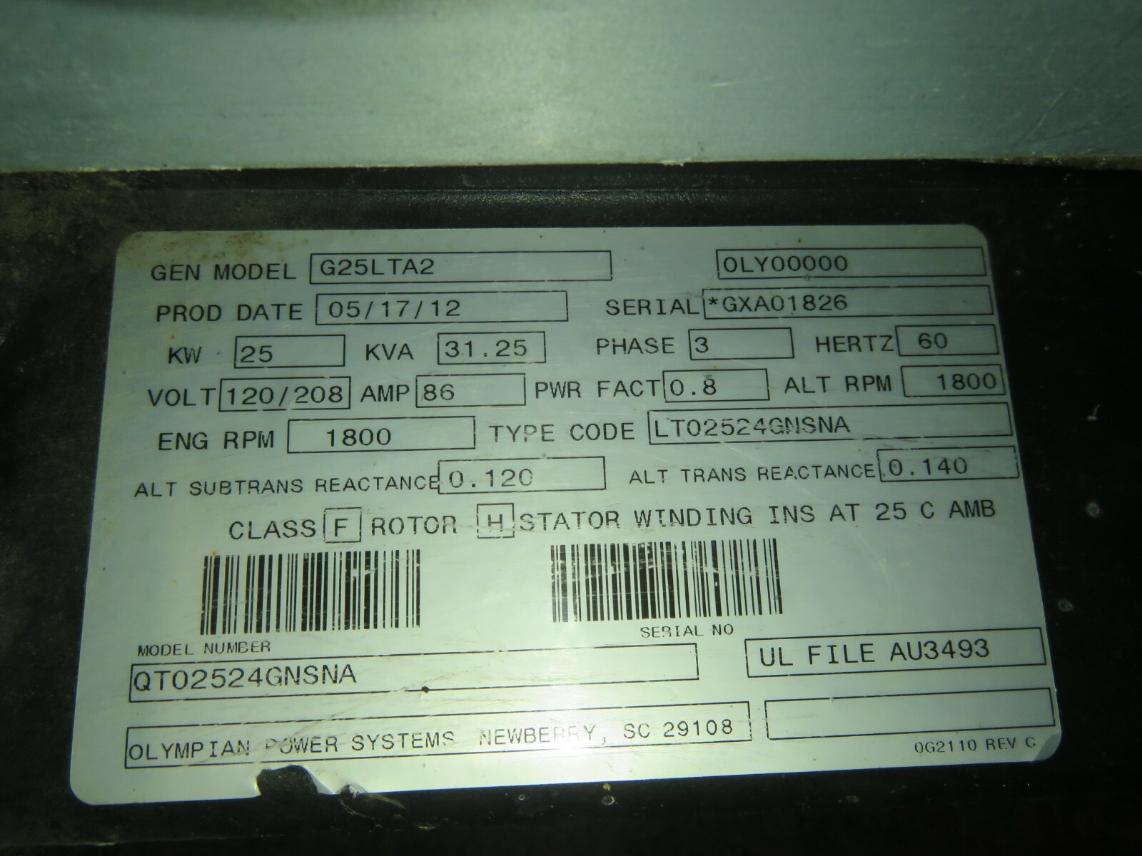 2012 Olympian 25 kW Natural Gas Generator Mitsubishi 164 hours Iowa