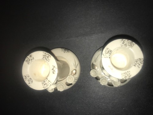 Vintage Beige Porcelain Candle Holders Hand Painted Gold w Raised Flowers
