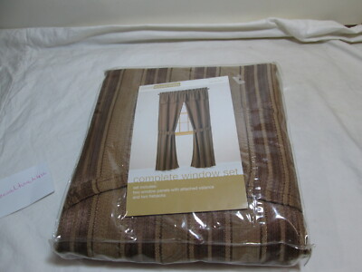 Room Essentials 5 pc Window Set (Valance, Panels, Tie Backs) Brown Stripe New