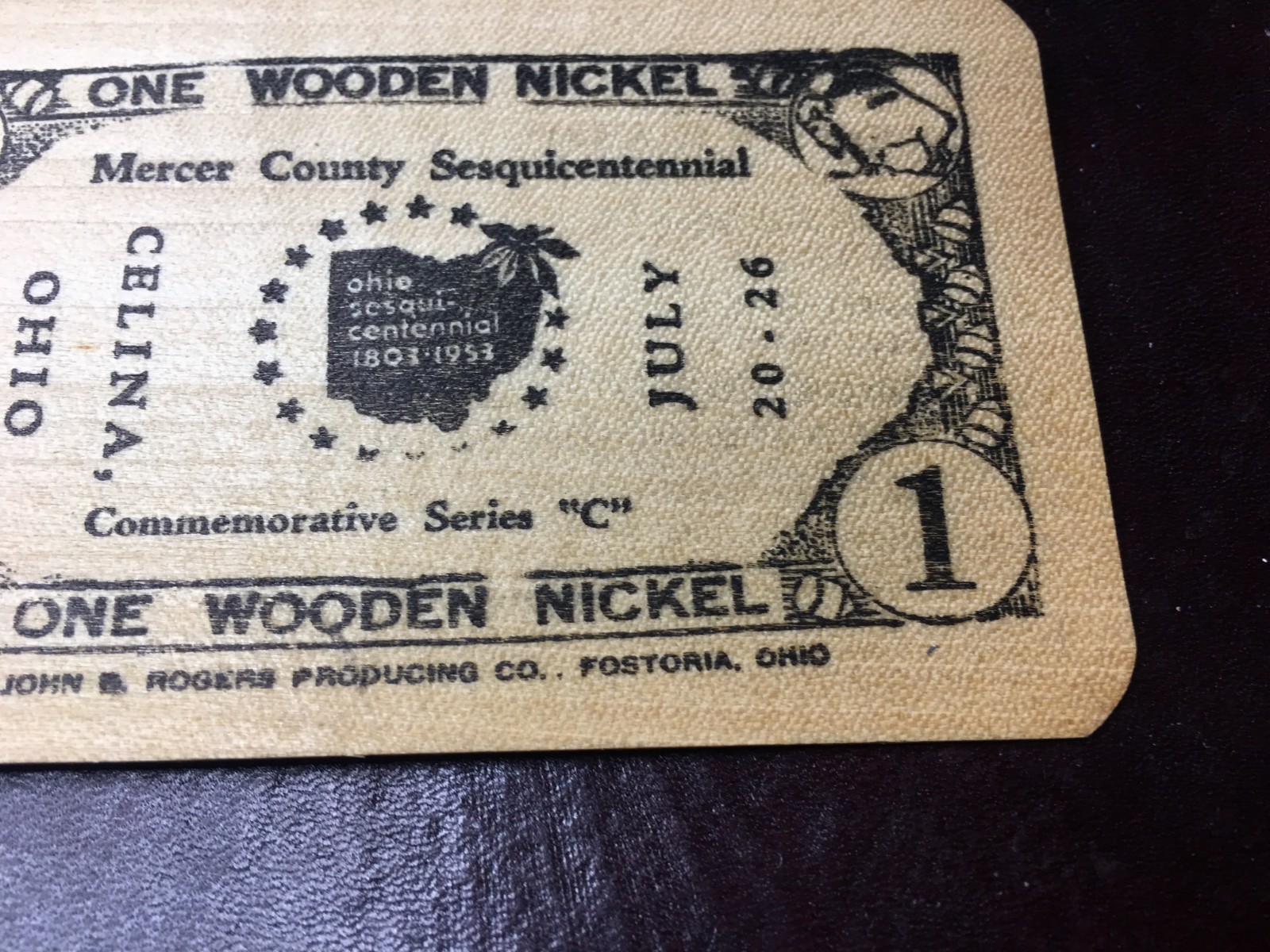 Wooden Nickel Mercer County Sesquicentennial Celina Ohio Wood Square Card