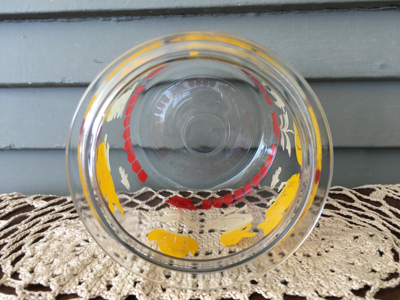 Vintage Small Storage Canister Clear Glass Jar Bunnies Ducks Red Picket Fence