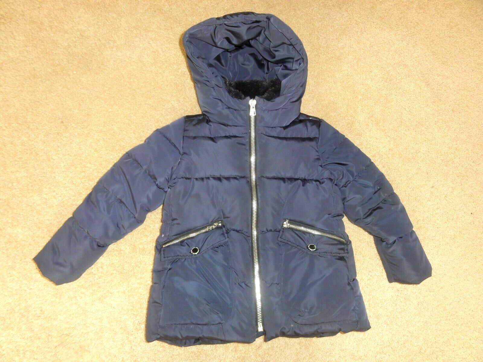 ZARA Girls Navy Blue Down Coat Jacket Size 6  116cm   Hood Puffer