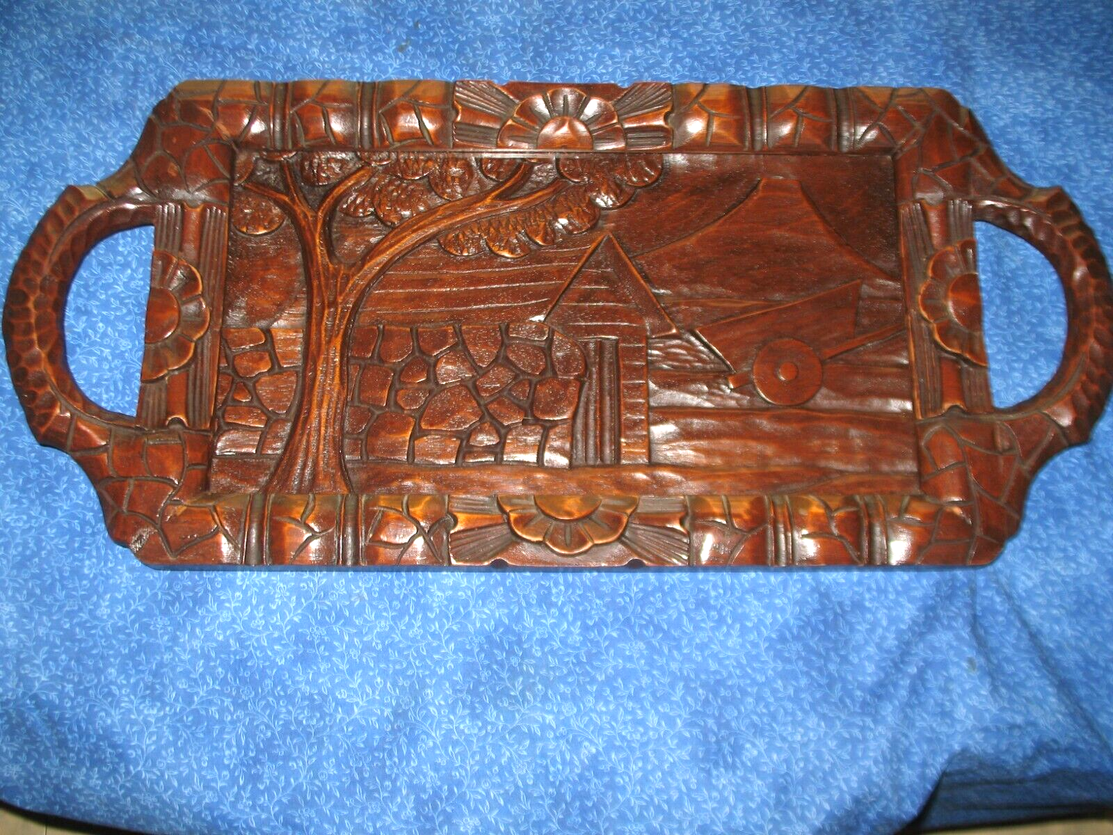 Carved Wood Serve Tray Oak Tree Stone Wall Shed Garden Wagon Under Glass Antique