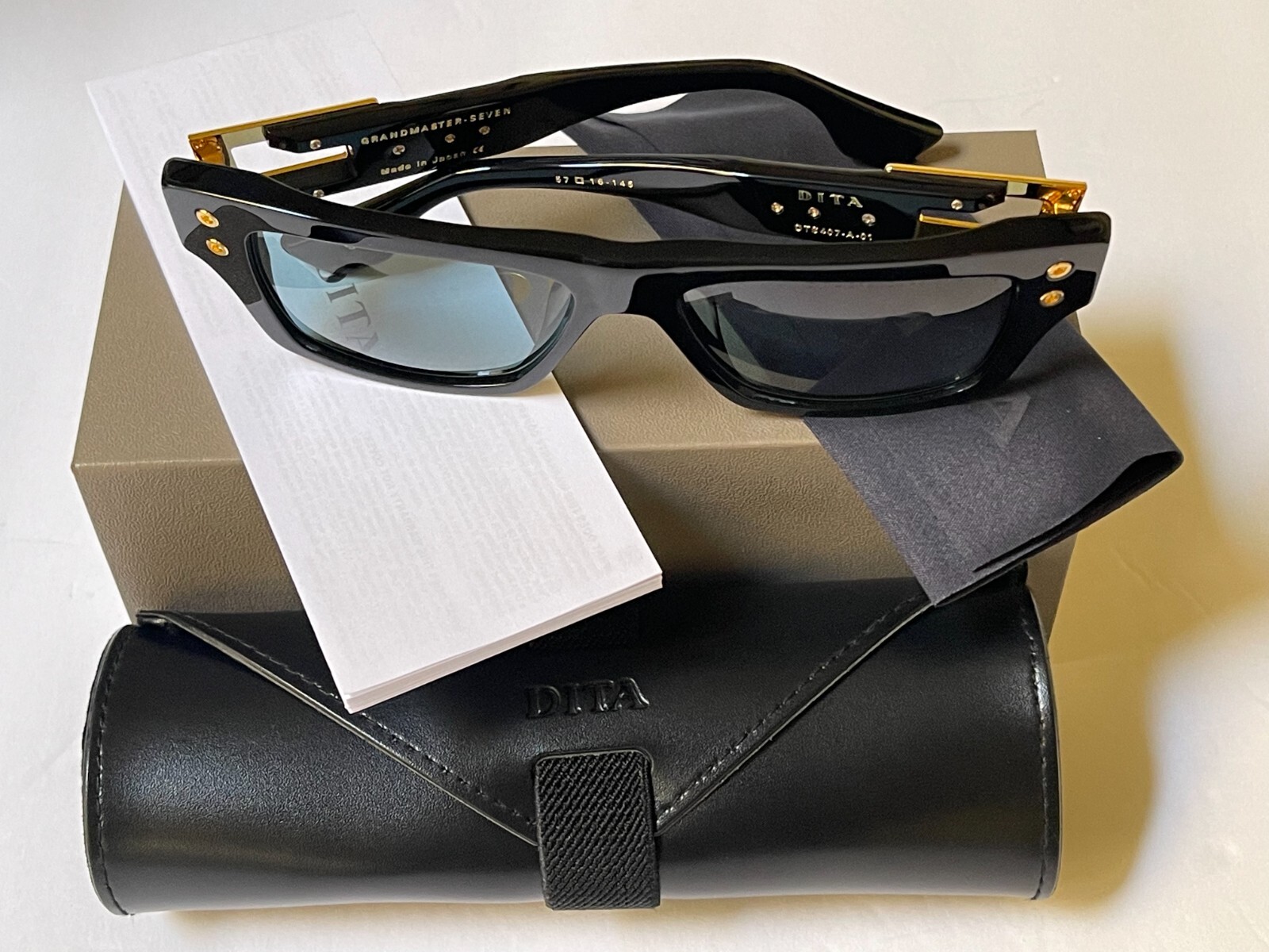 Pre-owned Dita Grandmaster-7 Dts407-a-01 Black/gold Frame Blue Lens Sunglasses 57-16-145