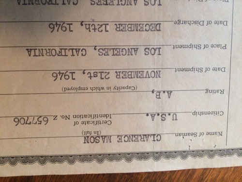 1946 U.S. Coast Guard Certificate of Discharge Merchant Seaman Steam Vessels