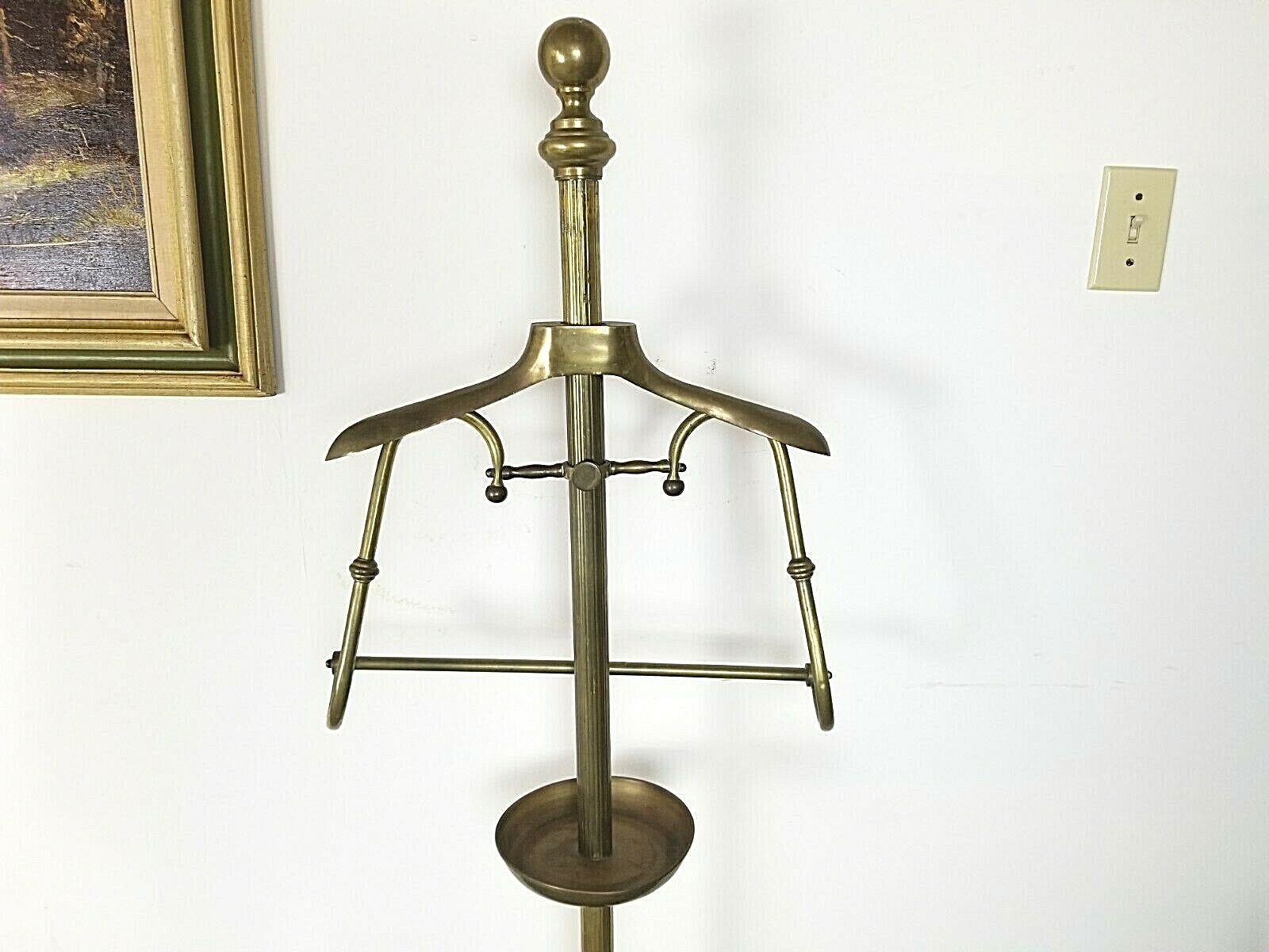 Vintage Solid Brass Suit Jacket Valet Butler Stand Pant Hanger Change Dish